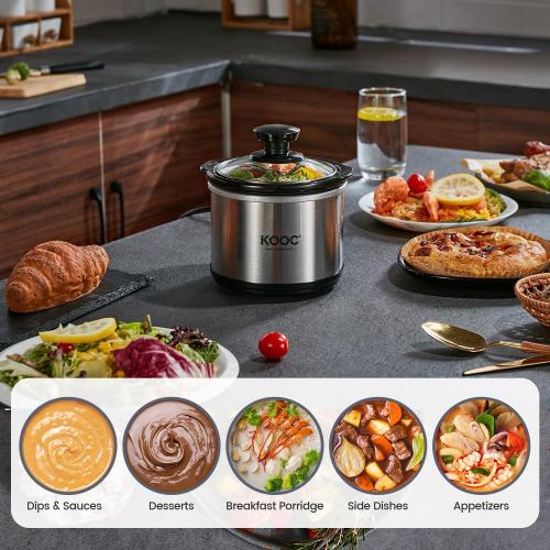 KOOC Small Slow Cooker, 0.65-Quart, Free Liners Included for Easy Clean-up, Upgraded Ceramic Pot, Nutrient Loss Reduction, Stainless Steel, Silver, Round