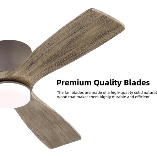 WINGBO 48 Inch Flush Mount DC Ceiling Fan, 3CCT Dimmable Light, 3 Carved Wood Blades, 6-Speed Noiseless Reversible DC Motor, Hugger Low Profile Fan, Graphite Finish with Gray Blades, ETL Listed