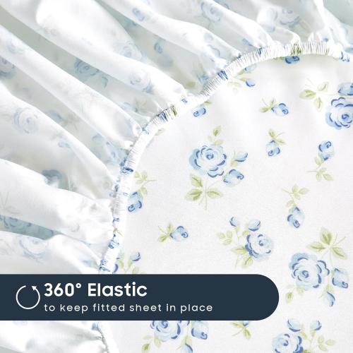 MISSING SHEETS FITTED AND TOP Wake In Cloud - Floral Bed Sheets, 4-Piece Sheet Set, Shabby Chic Flower Rose Pattern Printed Coquette Cottagecore Vintage Aesthetic Bedding, Deep Pocket, White Blue, Full Size