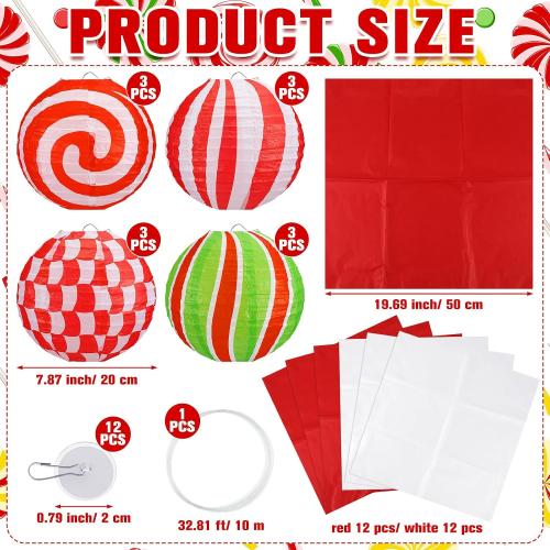 Baquler 12 Pcs 8 Inch Christmas Hanging Paper Lanterns Candy Party Decorations Paper Christmas Decor Candy Canes Peppermint DIY Decorations for Indoor Holiday Xmas Classroom Office Decor