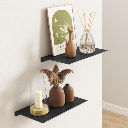 MKO 8 Small Floating Shelves for Wall, Metal Wall Mounted Shelf for Bathroom, Bedroom, Living Room, Kitchen, Little Mini Tiny Display Hanging Shelves for Books/Storage/Room Decor 2 Packs, Black