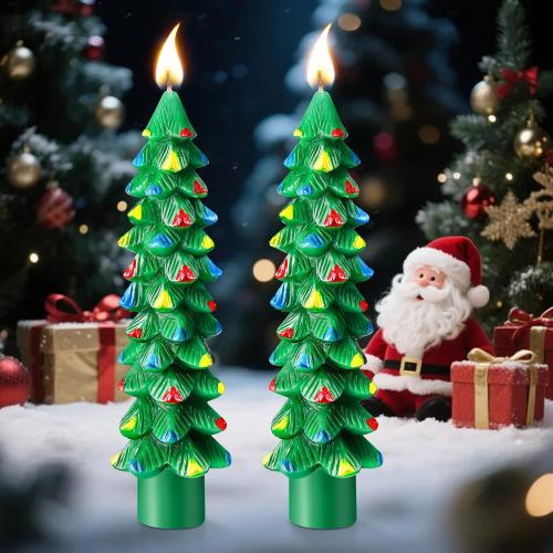 2 Pack Christmas Tree Candles, 5 Inch Unscented Tree Shaped Taper Beeswax Candles for Christmas Holiday Decor Table Centerpiece Display Party Banquet Gift (Green with Multicolor Trim)