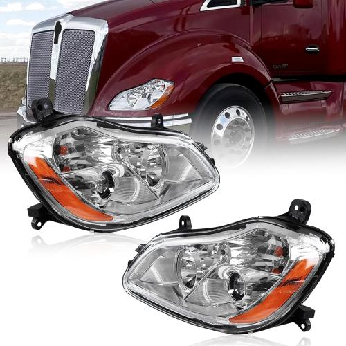 Pair Headlights Assembly for Kenworth T680 2013-2021 | Halogen Headlamp Chrome IP68 Waterproof Anti-Fog Left Driver & Right Passenger Head lights DOT Approved