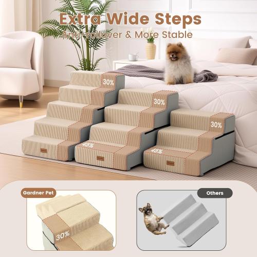 Gardner Pet Dog Stairs for Small Dogs 4- Step Extra Wide Dog Stairs for High Bed, Pet Steps for Small Dogs and Cats Couch with Durable Non-Slip Waterproof Fabric Cover and Soft Foam, Beige