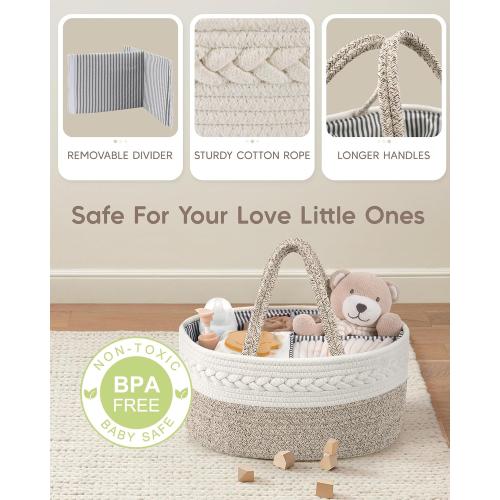 Maliton Baby Diaper Caddy Organizer, X-Large Cotton Rope, Rustic Style, Portable, 3 Compartments, A-Brown