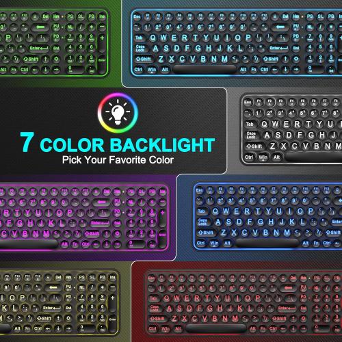 QUASIO Large Print Backlit Keyboard, Wired USB Lighted Computer Keyboards with 7-Color Backlit, Oversized Print Letters, Quiet Typewriter Keyboard with Retro Round Keycaps for Windows PC, Laptop