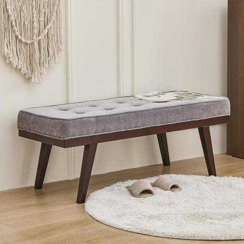 Entryway Bench, 47.2 Grey Rubberwood Bench for Bedroom with Padded Cushion, Ottoman End of Bed with Solid Wood Legs for Living Room, Foyer, Dining Room, Hallway, Loads 300 lb, 47.2 L x 17 W x 17 H