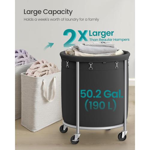 SONGMICS 50.2-Gallon (190 L) Laundry Basket with Wheels, Rolling Round Heavy-Duty Laundry Hamper Cart with Steel Frame and Removable Bag, 2 Locking Wheels, Ink Black and Metallic Silver URLS001B01