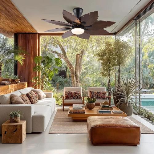 52'' Palm Leaf Ceiling Fans with Lights,Handmade Wooden Dual Fan Blades,Tropical Ceiling Fans with Remote,22W 3 Color LED Light, DC Reversible Motor, Low Profile Ceiling Fan for Patio, Living room