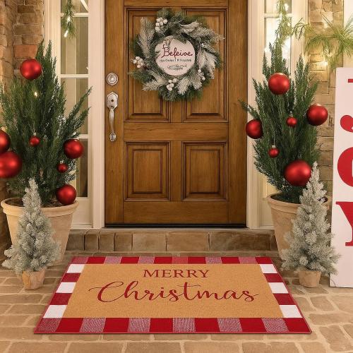 Duraaamo 2 Pcs Christmas Doormat Merry Christ Non Slip Outdoor Rug Xmas Welcome Layered Buffalo Floor Mats for Front Porch Entryway(Red White,Plaid)