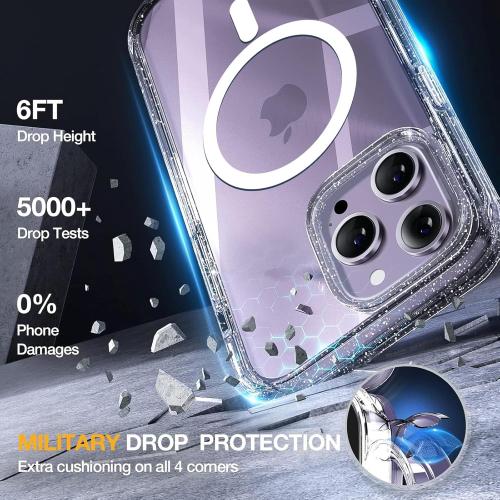 Miracase Magnetic for iPhone 14 Pro Max Case 6.7 inch, (Compatible with MagSafe) Upgrade Full-Body Clear Phone Bumper Case with Built-in 9H Tempered Glass Screen Protector, Magnetic Glitter Clear