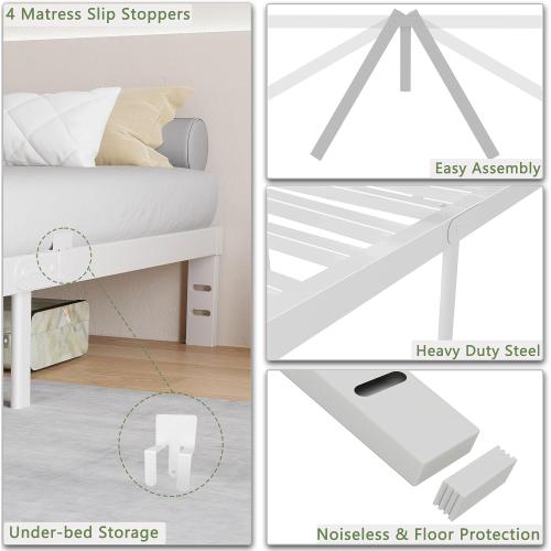 KZZLOL White Bed Frame Queen Size 10 Inch, Low Queen Bed Frame No Box Spring Needed with Mattress Stoppers, DIY Headboard, Heavy Duty Steel Support 3000 LBS, Rounded Legs, Easy Assembly, Noiseless