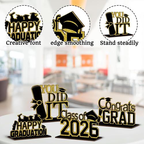 4 PCS 2026 Graduation Wooden Decorations,Black