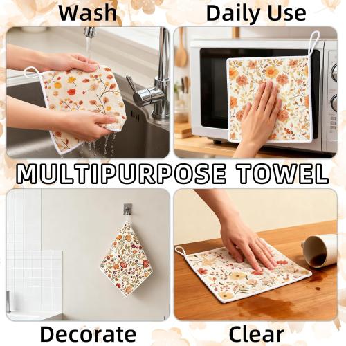 Kitchen Dish Cloths,4-Pack Reusable Soft Dishcloths with Hanging Loop,11.8×11.8in Kitchen Towels,Microfiber Hand Towels,Home Decoration,for Housewarming Gifts-Autumn Floral