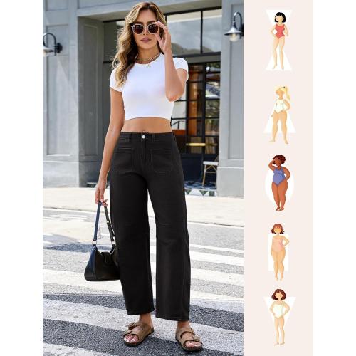 Pants Women - Stretchy High Waist Baggy Pants Y2k Boyfriend Ankle Trousers with Pockets