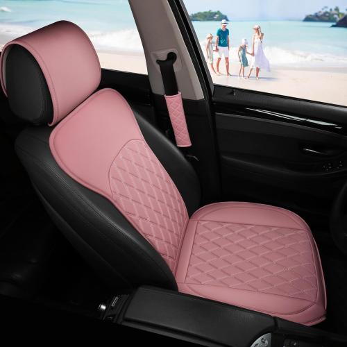 Front Car Seat Covers - Leather Seat Covers with Storage Pocket and Two Belt Pads, Anti-Slip Waterproof Universal Seat Covers for Cars Fit Cars Trucks SUV(Pink,2 Pack)