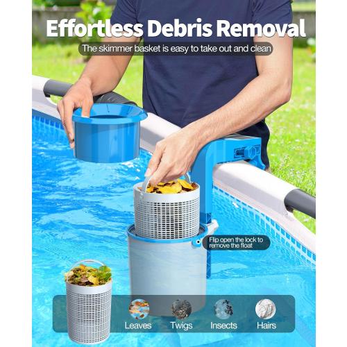 DeeprClean Above Ground Pool Skimmer with Backlit Solar Digital Thermometer | Wall Mount Surface Skimmer with Adjustable Height Bracket, Auto Skimming for Pool Surface Floating Leaves & Debris -Blue