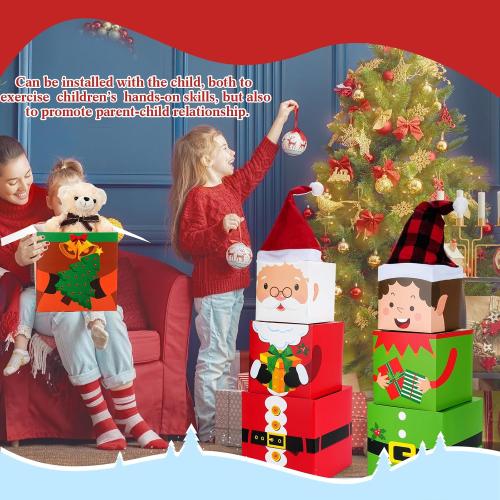 Cholemy 24 Pcs Christmas Stackable Box Decoration Set Nesting Gift Boxes with Lids and Christmas Hat Large Three Dimensional for Party Decoration, 6 Styles
