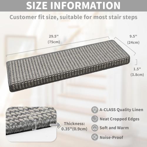 Brakki Bullnose Carpet Stair Treads, Stair Treads for Wooden Steps Indoor Runner and Pets, Non Slip Soft Edging Staircase Protectors, Washable, 29.5x9.5x1.5 7pcs, Grey and Cream