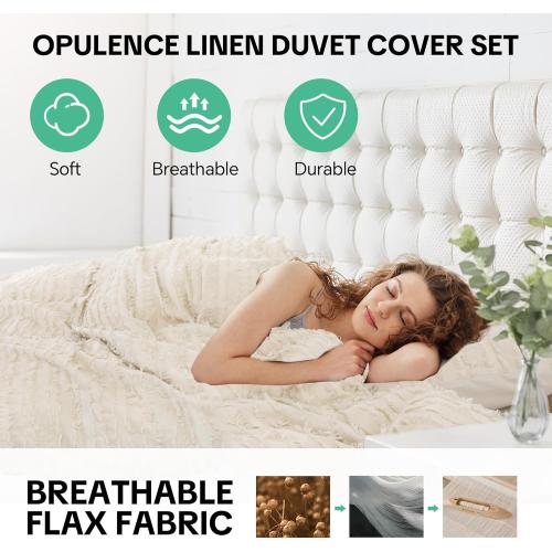 Textured Linen Stripe Duvet Cover Set Queen/King Size, 3 Pieces Linen Like Woven Bedding Set for All Seasons, Includes 1 Duvet Cover & 2 Pillowcases, King 104x90