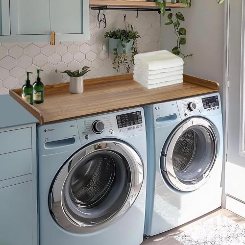Washer Dryer Countertop, Wood Washer and Dryer Countertop 27.5 x 54 Laundry Room Organization with Metal Hooks & Non-Slip Pads Wood Shelf Topper for Storage Space Saver