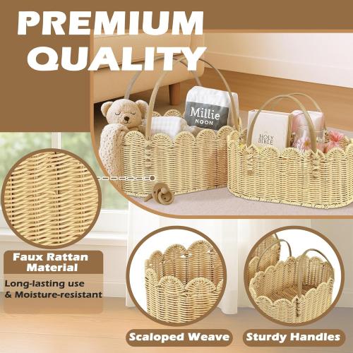 Rattan Picnic Basket with Handle, Wicker Picnic Basket with Scalloped Edge, Garden Harvest Basket, Woven Baskets for Vegetable & Fruit, 2 Pack