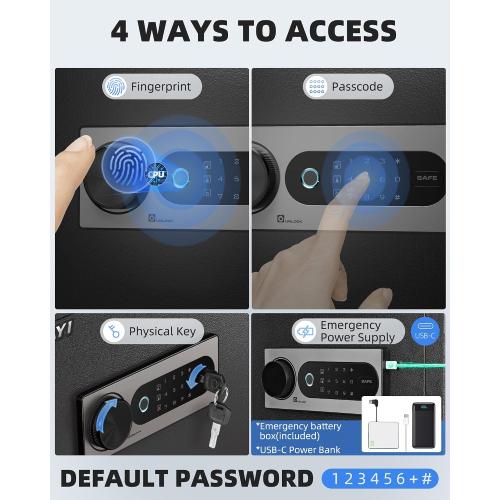 Black DAYI Biometric Fingerprint Safe Box, 2.0 Cubic Feet Home Safes with Fireproof Bag, Digital Touchpad Security Safe for Money Cash Documents, Dual Alarm System - DF-45
