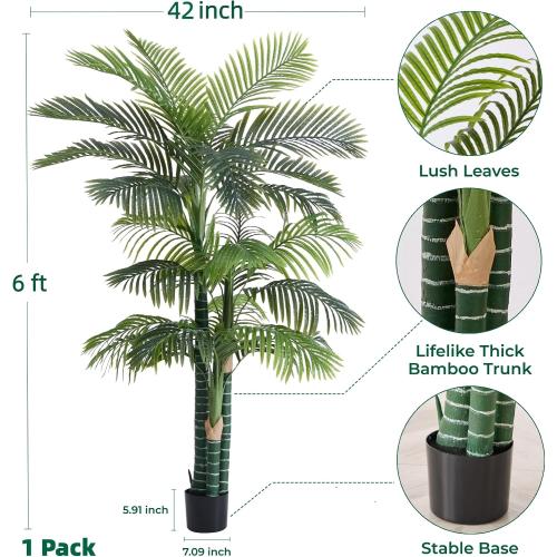 6FT Tall Triple Golden Cane Palm Tree (1 Pack), Large Faux Plants, UV Resistant Indoor/Outdoor Fake Plant in Black Cement Pot - Realistic Tropical Decor for Patio, Living Room, Office