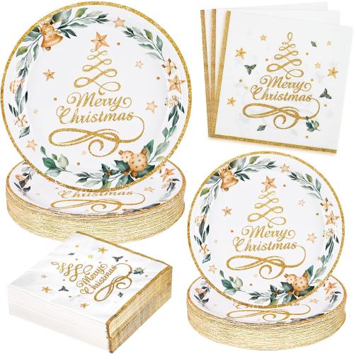 Homlouue 200 Pcs Christmas Paper Plates and Napkins, Christmas Tree Gold Plates and Napkins Disposable, Christmas Dinner Plates and Napkins Serve 50 Guest, Christmas Party Table Decorations