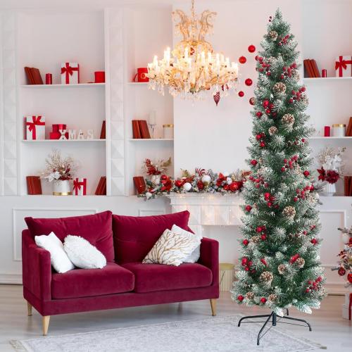 6ft Pencil Christmas Tree, Artificial White Spraying Snow Flocked tree- Partially Flocked & Frosted Slim Holiday Tree Decoration, Skinny Xmas Tree, 316 Frosted Tips, 30 Pine Cones 30 Red Berries