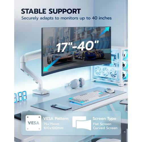 ARES WING Heavy Duty Single Monitor Arm - Fully Adjustable Monitor Mount for 17-40 Ultrawide Screens up to 26.4 lbs with Clamp/Grommet Desk Mount, 75/100 Vesa Mount, White