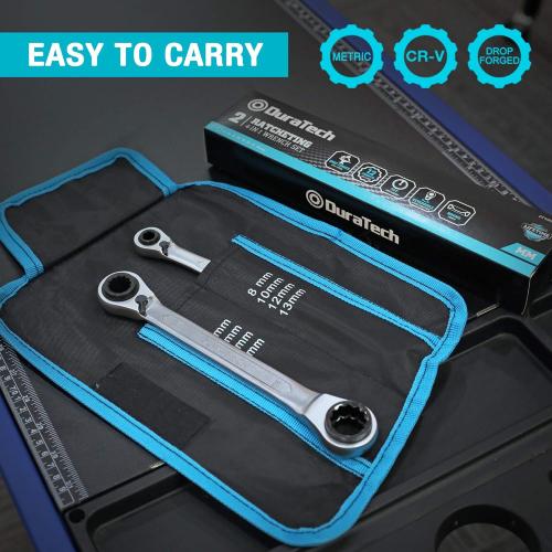 DURATECH 4-in-1 Reversible Ratcheting Box Wrench Set, Double Box End, Metric, 2-Piece, 8, 10, 12, 13 & 14, 15, 17, 19 mm, CR-V Steel, Matte Chrome Plated, with Rolling Pouch