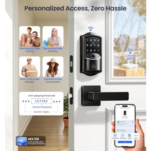 Veise VE027-L Built-in WiFi Smart Lock with Handles, Fingerprint keyless Entry Door Lock Set, App Remote & Voice Control, Electronic Deadbolt for Front Door, Touchscreen Keypad, Auto Lock, Matte Black
