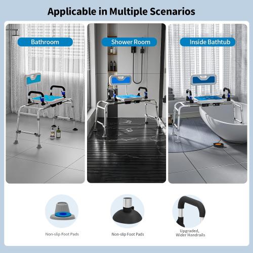 Sliding Shower Chair with Arms and Back, 500lbs Tub Transfer Benches with Non Slip Aluminum Body and Suction Cups Adjustable Height Bath Seats for Seniros Elderly Disabled or Bariatric Adults