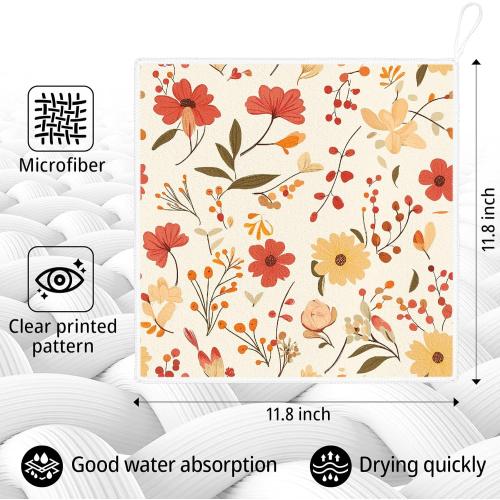 Kitchen Dish Cloths,4-Pack Reusable Soft Dishcloths with Hanging Loop,11.8×11.8in Kitchen Towels,Microfiber Hand Towels,Home Decoration,for Housewarming Gifts-Autumn Floral