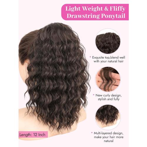 Size 12 Color Brown Isaic Ponytail Extension 12 Inch Long Wavy Curly Ponytails Drawstring Ponytail for Black Women Dark Brown Pony Tails Hair Extensions Synthetic Hairpiece for Daily Use