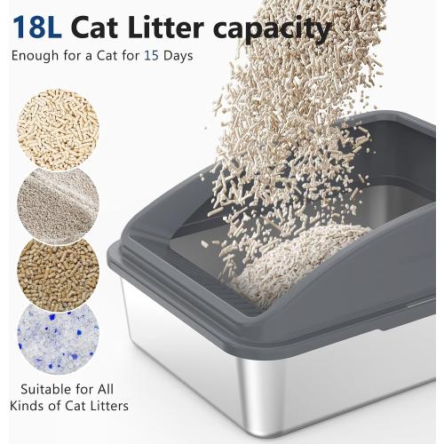 Stainless Steel Litter Box, Metal Kitty Litter Box with Scoop, Anti-Leakage Top Entry, Non-Sticky, Easy to Clean