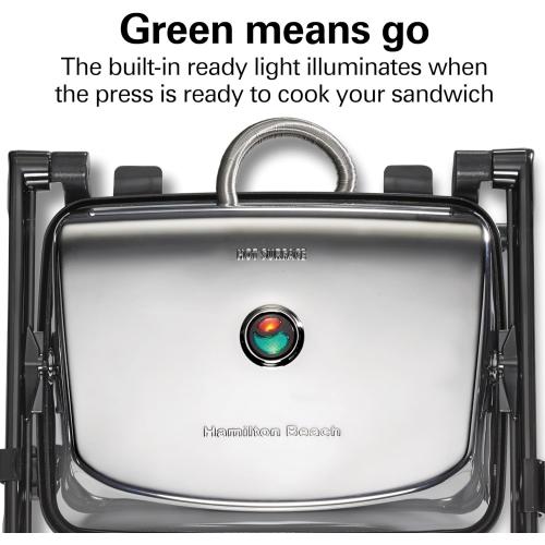 Hamilton Beach Panini Press Sandwich Maker & Electric Indoor Grill with Locking Lid, Opens Wide to Fit Any Thickness for Quesadillas, Burgers & More, Nonstick 8 x 10 Grids, Chrome (25460MNA)