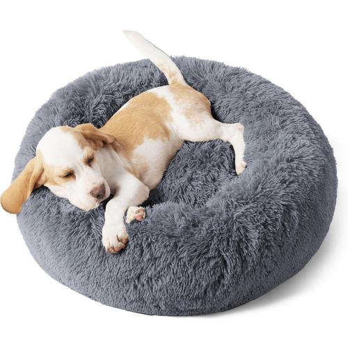 Calming Dog Bed for Small Dogs - Donut Washable Small Pet Bed,  Anti-Slip Round Fluffy Plush Faux Fur  Cat Bed, Fits up to 25 lbs Pets, Dark Grey