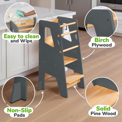 OCODILE Toddler Standing Tower - Adjustable Height Toddler Kitchen Stool Helper - Ideal Kids Kitchen Step Stool for Learning New Skills - Extra Secure with Safety Feet - Gray
