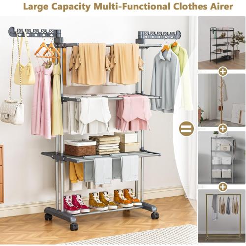 Upgraded 4-Tier Clothes Drying Rack, Drying Rack Clothing with Wheels | Large Foldable Laundry Drying Rack, Clothes Rack with Side Hooks for Indoor Outdoor Air Drying, 19.68D x 29.9W x 67.7H