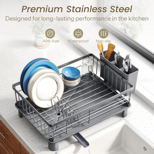 SNTD Dish Drying Rack - Small Dish Rack for Kitchen Counter, Stainless Steel Dish Drainer with Utensil Holder and Drainboard, 11 W x 15 L (Grey)