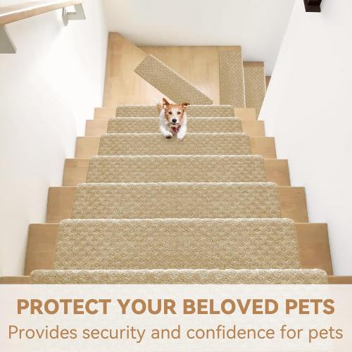 Size 9.5x30 2 Pcs Color Brown  Stair Treads Non Slip 9.5 x 30, 2 Pcs Carpet Stair Treads for Wooden Steps Indoor with Edge Protection, Reusable Peel and Stick TPU Backing Stair Runner Rugs - Lattice Pattern Beige