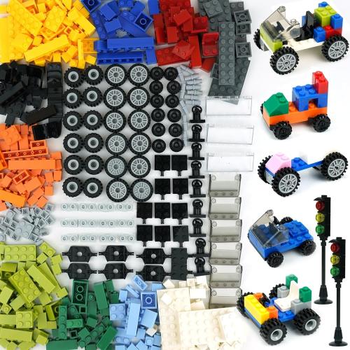 BroTex Wheels and Axles Sets with Steering Wheels& &Windshield&Traffic Light, Over 400pcs Classic Bricks Pieces and Car Parts Kits, Basic Bulk Building Blocks Vehicles with Tires