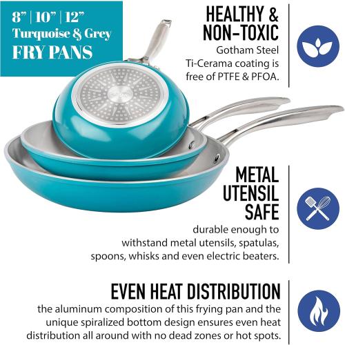 Gotham Steel 3 Piece Nonstick Ceramic Fry Pans Set, 8', 10' & 12', Nonstick Skillet Set, Omelet Pan, PFOA Free, Dishwasher Safe, Cool Touch Handle - silver