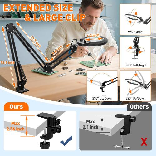 KIRKAS 12X Magnifying Glass with Light and Clamp, Extra-Long Arm Magnifying Lamp Overhead Knob for Workbench Craft Repair Sewing, LED Lighted Magnifier Real Glass Lens Stepless Dimming and Color