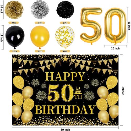 50th Birthday Decorations for Men Women, 46 Pcs Black Gold Happy 50 Year Old Party Supplies 1975 Birthday Gifts Banner Backdrop Balloon Cake Topper Honeycomb Centerpiece Hanging Swirls Set