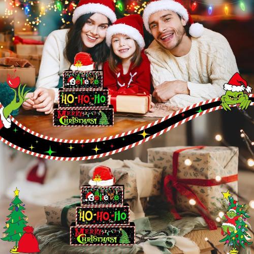 Britimes 4 Pcs Christmas Santa Hat Table Decor Christmas Tiered Tray Decorations Set Santa Hat Block Signs Gift Rustic Farmhouse Tabletop Decor for Table & Home Office