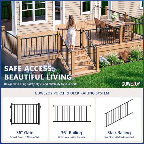 W.4ft x H.36in Aluminum Deck Gate Outdoor, Cuttable Porch Gate Kit with Latch and Auto-Closing Hinge, AAMA 2604–Grade Sand-Texture Black Outdoor Gate for Deck Railing Patios, Porch, Garden