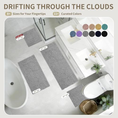 Bathroom Rugs Non Slip Washable, Extra Thick Soft Chenille Absorbent Bath Mat, High Density Barrier Non Slip Backing, Quick Dry Plush Shaggy Floor Carpet for Tub&Shower , Grey